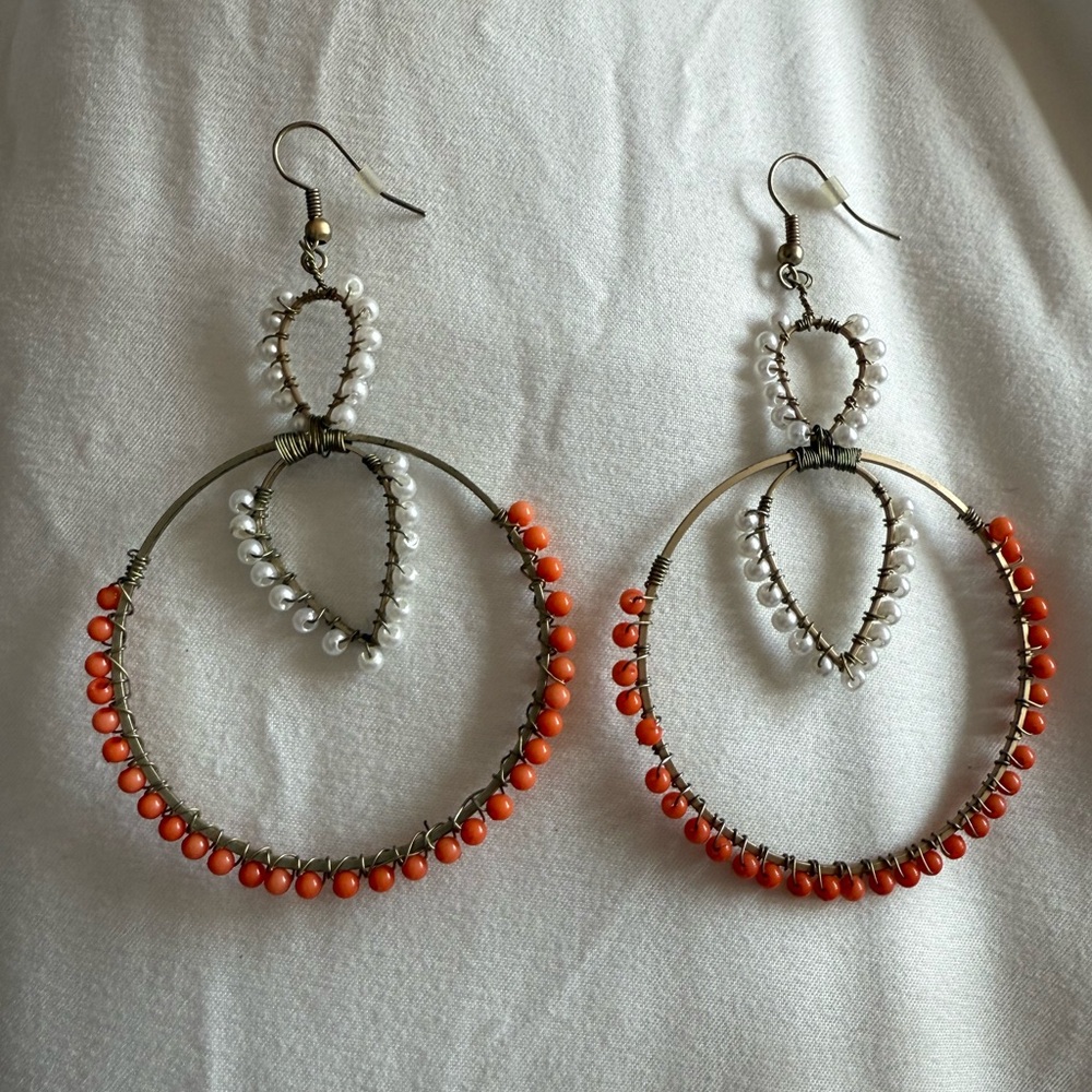 Elegant Orange and White Beaded Earrings